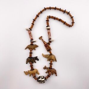 Hand Carved Wood African Safari Animals Beaded Necklace